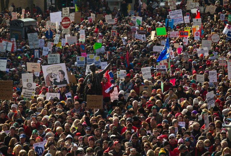 In this March 12, 2011 file photo, thousands of pro-labor protesters rally at the Wisconsin Capitol in Madison, Wis. (AP)