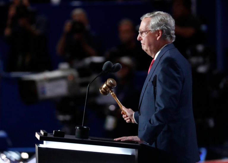 —œWe just had another good conversation with our members and are now prepared to proceed to this bill that will be used as a shell for the [legislation],—&pound; Mitch McConnell said. (AP Photo)