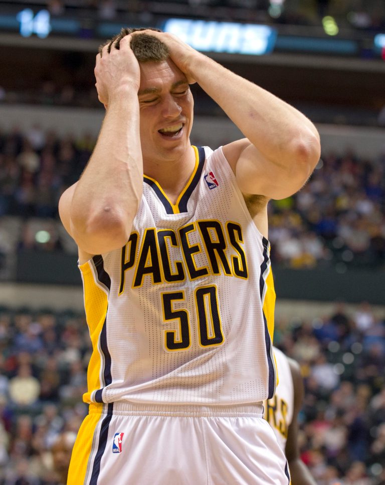   Indiana Pacers' Tyler Hansbrough reacts after being called for his second personal foul during the first half of an NBA basketball game against the Phoenix Suns, in Indianapolis, Friday, Dec. 28, 2012. (AP Photo/Doug McSchooler)  