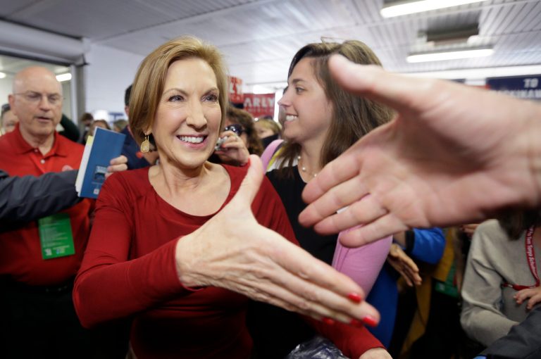 Republican presidential candidate, businesswoman Carly Fiorina greets supporters as she arrives for the 2016 Mackinac Republican Leadership Conference, Saturday, Sept. 19, 2015, in Mackinac Island, Mich. (AP Photo/Carlos Osorio)
