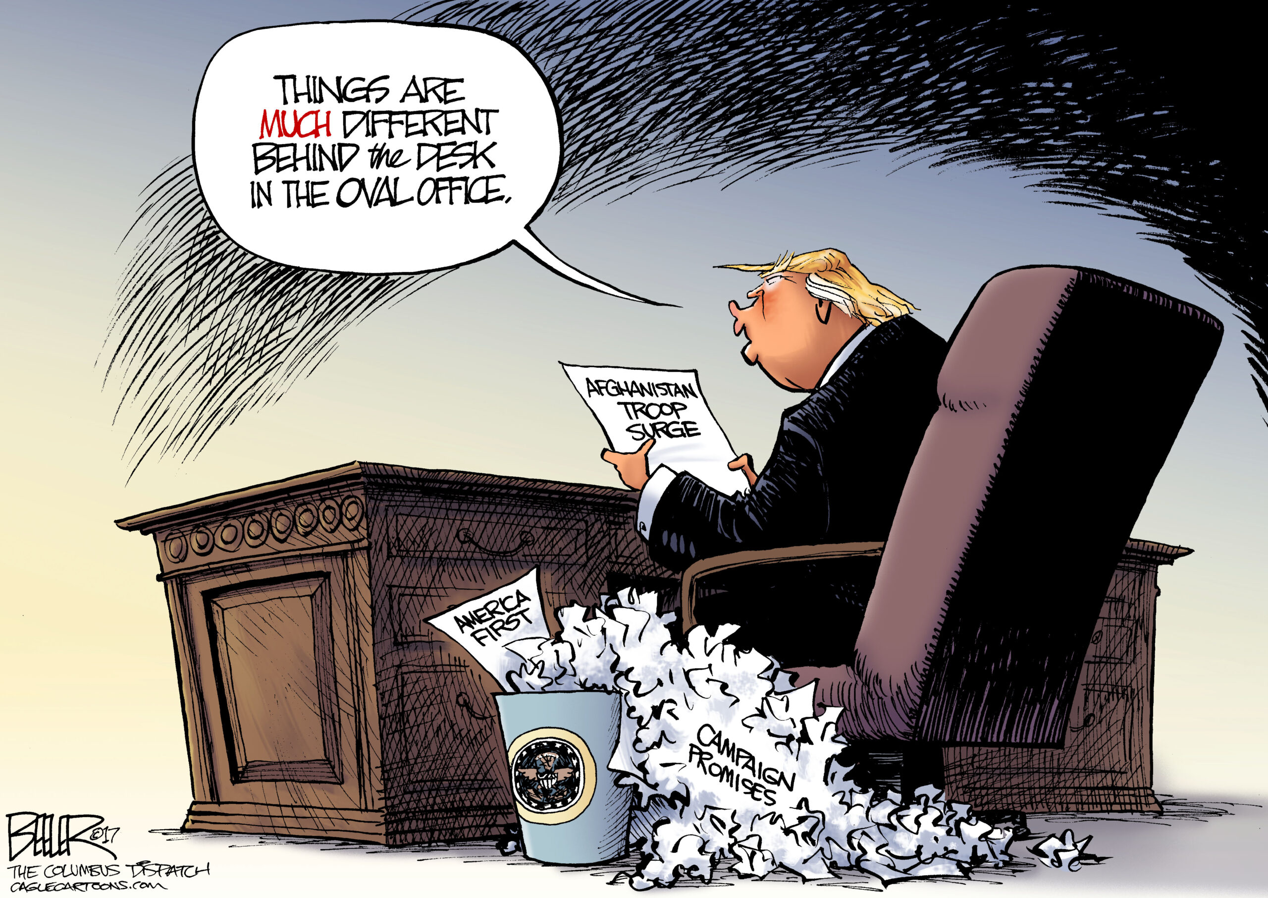 Editorial cartoon: Things are much different behind the Resolute Desk
