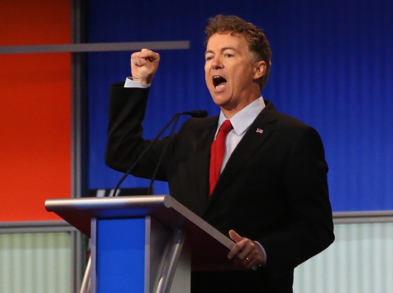 Republican presidential candidate Sen. Rand Paul, R-Ky., speaks during the first Republican presidential debate at the Quicken Loans Arena Thursday, in Cleveland. (AP Photo/Andrew Harnik)