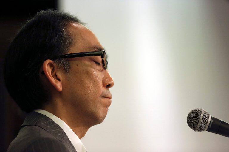 Takashi Niigaki, ghost writer of well known deaf composer Mamoru Samuragochi, a composer Japanese have likened to Beethoven for supposedly composing music despite a severe hearing impairment, reacts after being questioned by a journalist during a press conference in Tokyo, Japan, Thursday, Feb. 6, 2014. Niigaki said he hopes to continue composing and performing, despite the uproar over Samuragochiâs admission on Wednesday that he did not write the pieces he is best known for, such as his âHiroshima Symphony.â (AP Photo/Eugene Hoshiko)