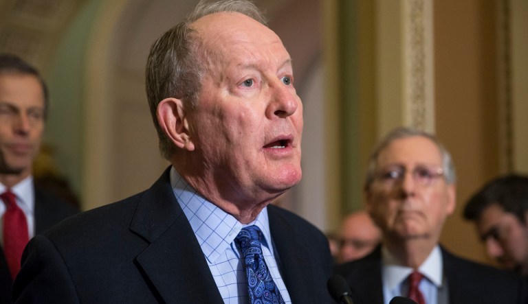Sen. Lamar Alexander, R-Tenn., gave a short briefing on the status of talks during the GOP conference luncheon. (AP Photo/J. Scott Applewhite)