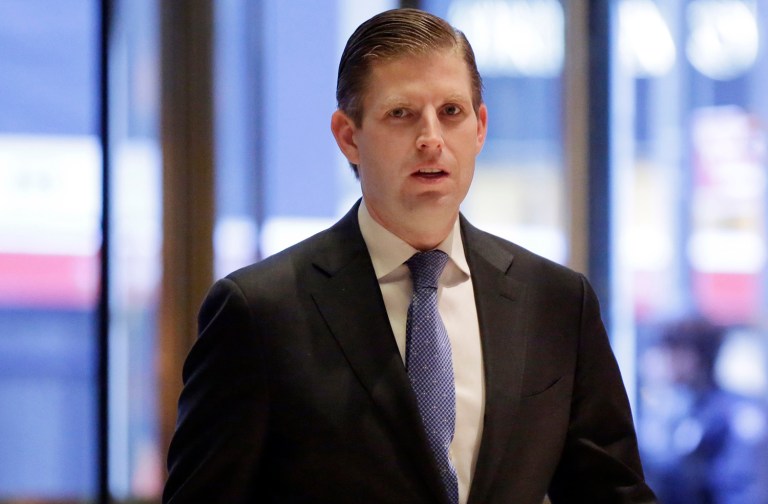 Eric Trump, son of President Trump, jumped to Fox News' Sean Hannity rescue, by saying Hannity is the world's foremost patriot. (AP Photo/Richard Drew)