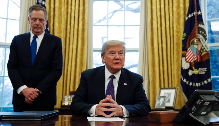 On Monday, President Trump's trade enforcer, U.S. Trade Representative Robert Lighthizer (pictured left), announced new tariffs on solar panels and washing machines assembled outside the U.S. (AP Photo/Carolyn Kaster)
