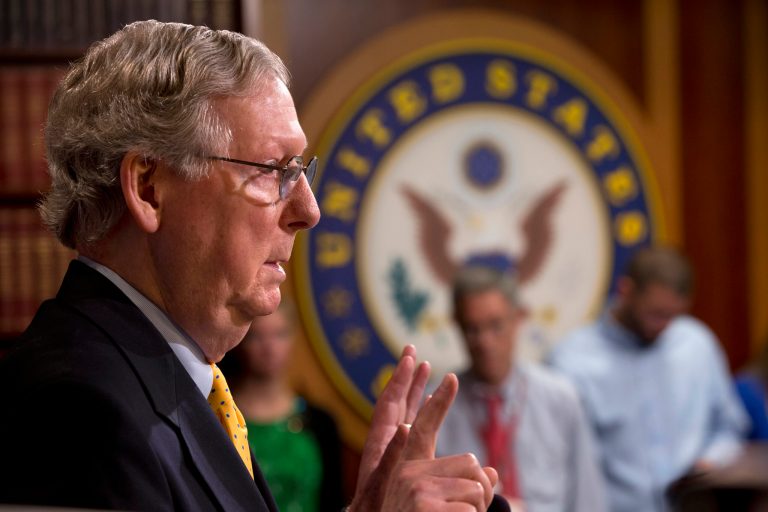 Senate Majority Leader Mitch McConnell of Kentucky speaks during a news conference on Capitol Hill in Washington, Thursday, Aug. 6, 2015. (AP Photo/Jacquelyn Martin)