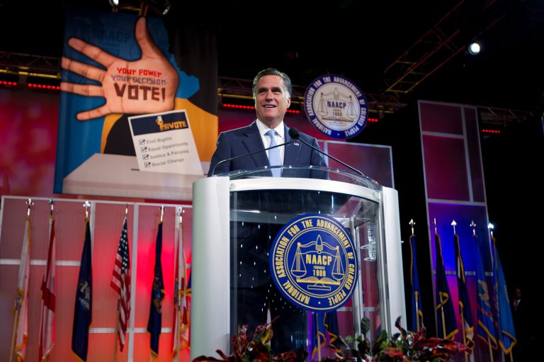 Republican presidential candidate Mitt Romney speaks before the NAACP annual convention on Wednesday in Houston.  (AP Photo)
