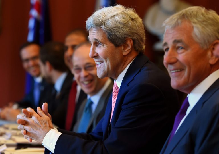 U.S. Secretary of State John Kerry, second from right, along with U.S. Secretary of Defense Chuck Hagel, right, addresses the start of the Australia-US Ministerial Consultations (AUSMIN) talks at Admiralty House in Sydney, Tuesday, Aug. 12, 2014. Kerry and Hagel are meeting with their Australian counterparts at the annual AUSMIN, which will focus on regional security and enhanced military co-operation. (AP Photo/Dan Himbrechts, Pool)
