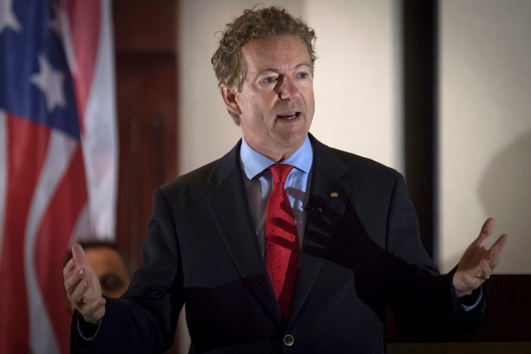 Sen. Rand Paul, R-Ky., speaks to supporters gathered at The Champions of Liberty Rally in Hebron, Ky., Friday, Aug. 11, 2017. He wants to use unspent foreign aid in America to help with hurricane cleanup. (AP Photo/Bryan Woolston)