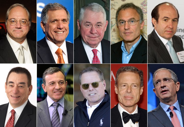 This photo combination shows the 10 highest-paid CEOs of 2013, as calculated by The Associated Press and Equilar, an executive pay research firm. Top row, from left: Anthony Petrello, Nabors Industries, $68.2 million; Leslie Moonves, CBS, $65.6 million; Richard Adkerson, Freeport-McMoRan Copper & Gold, $55.3 million; Stephen Kaufer, TripAdvisor, $39 million; and Philippe Dauman, Viacom, $37.2 million. Bottom row, from left: Leonard Schleifer, Regeneron Pharmaceuticals, $36.3 million; Robert Iger, Walt Disney, $34.3 million; David Zaslav, Discovery Communications, $33.3 million; Jeffrey Bewkes, Time Warner, $32.5 million; and Brian Roberts, Comcast, $31.4 million. (AP Photo)