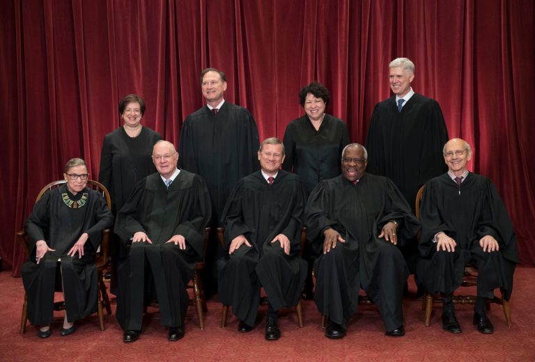 Punishing organizations -- and individuals -- for being religious is not just counter to the enumerated protections of the Constitution and Bill of Rights; it is also counterproductive. Seated, front row, from left are, Associate Justice Ruth Bader Ginsburg, Associate Justice Anthony M. Kennedy, Chief Justice of the United States John Roberts, Associate Justice Clarence Thomas, and Associate Justice Stephen Breyer. Back row, standing, from left are, Associate Justice Elena Kagan, Associate Justice Samuel Alito Jr., Associate Justice Sonia Sotomayor, and Associate Justice Neil Gorsuch. (AP Photo/J. Scott Applewhite)