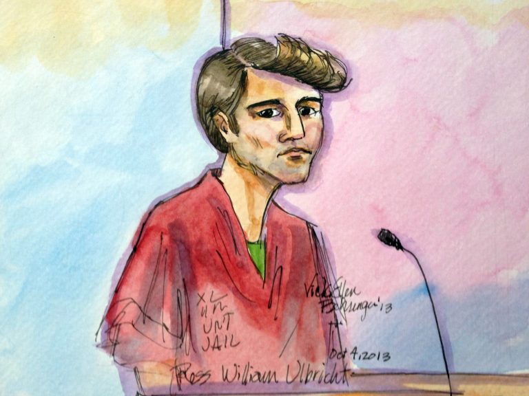 FILE- In this Oct. 4, 2013 file photo, an artist rendering depicts Ross William Ulbricht during an appearance at federal court in San Francisco. Authorities say that Ulbricht had spent most of three years 