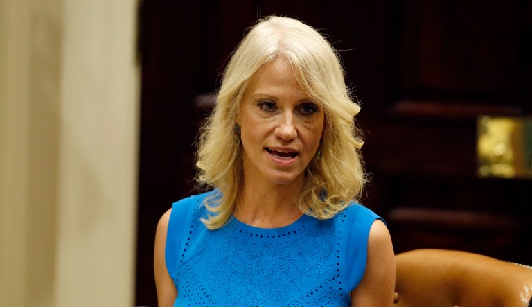 Kellyanne Conway, senior White House adviser, said Friday that it's important for people to know that members of special counsel Robert Mueller's team of lawyers donated to Democrats. (AP Photo/Alex Brandon)