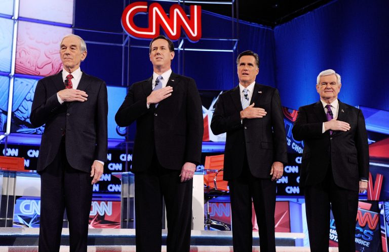 Republican presidential candidates in 2012, from left, Ron Paul, Rick Santorum, Mitt Romney and Newt Gingrich participate in a debate sponsored by CNN and the Republican Party of Arizona at the Mesa Arts Center February 22, 2012 in Mesa, Arizona. (Ethan Miller/Getty Images)