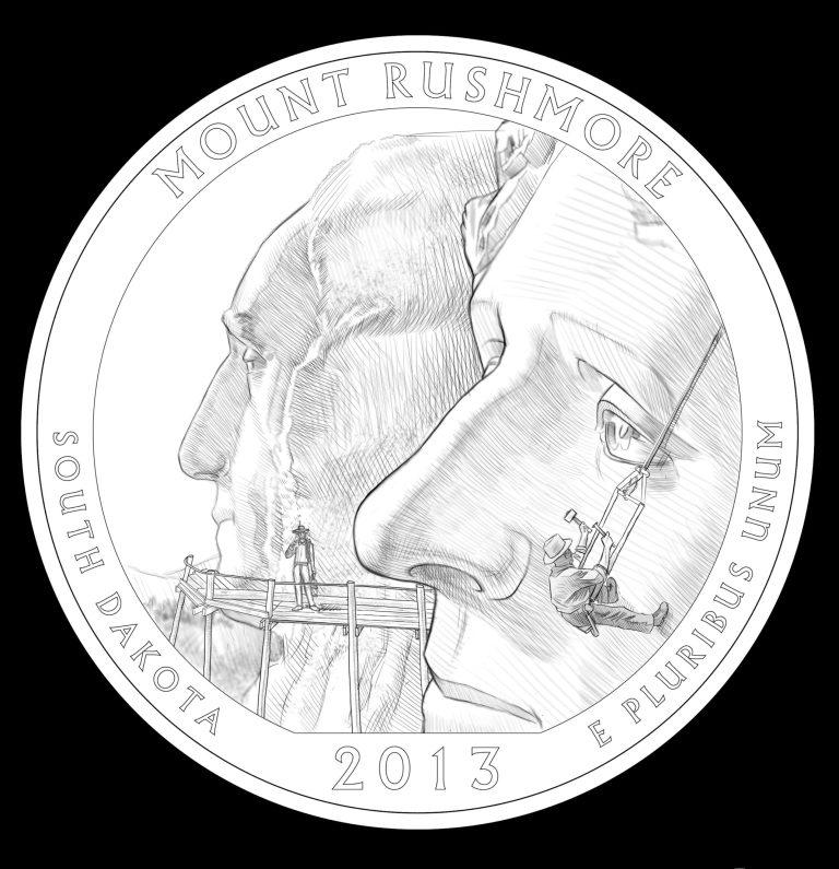   This undated photo provided by Mount Rushmore National Memorial shows an illustration of a new quarter that the U.S. Mint will release next year featuring the famous mountain carving. The illustration portrays two workers on the sculpture finalizing the carving of George Washington and Thomas Jefferson. The quarter will be the 20th released in the America the Beautiful series. Mount Rushmore last appeared on a quarter in 2006, when it was featured on the stateâs quarter. (AP Photo/Mount Rushmore National Memorial)  
