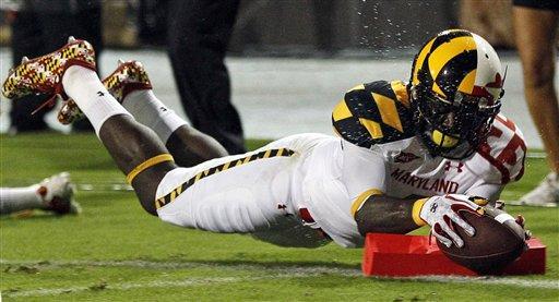Maryland wide receiver Ronnie Tyler leaps into the end zone for a touchdown in the first half of an NCAA football game against Miami in College Park, Md., Monday, Sept. 5, 2011. (AP Photo/Patrick Semansky)