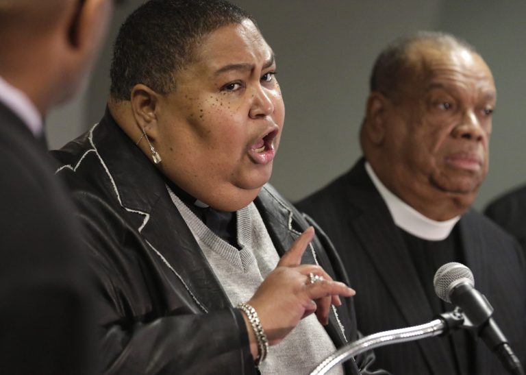 Rev. Phyllis Tennese of the United Church of Christ in Summit, Ill., speaks at an news conference accompanied by several other clergy members Thursday, April 4, 2013, in Chicago. The coalition of black clergy members are trying to convince Illinois politicians to legalize same-sex marriage in the state. Their target being a bloc of black representatives who may become the swing votes in the House, where supporters say they're about a dozen votes down. (AP Photo/M. Spencer Green)
