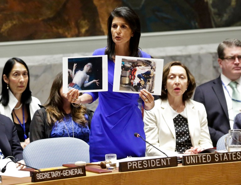 Nikki Haley, United States' Ambassador United Nations, refused to hold a closed session on Friday about the U.S. missile strike against Syria. (AP Photo/Bebeto Matthews)