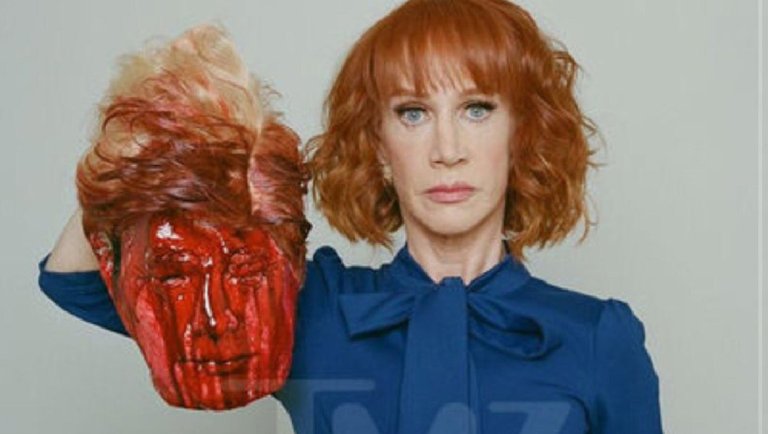 Comedian Kathy Griffin said she hasn't been able to book a gig in the United States, after she did a photo shoot holding a bloody head resembling President Trump. Griffin accused Trump of attacking her on Twitter over the photo to distract from former FBI Director James Comey's firing. (Screenshot, via Twitter)