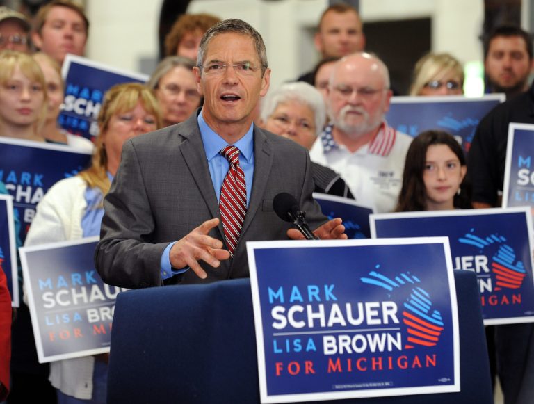 Democratic gubernatorial candidate Mark Schauer unveils his 10-point jobs plan at a news conference held at the Plumbers and Pipefitters Local 333 training facility in Lansing, Mich. on Tuesday, July 29, 2014. (AP Photo/Lansing State Journal, Greg DeRuiter)