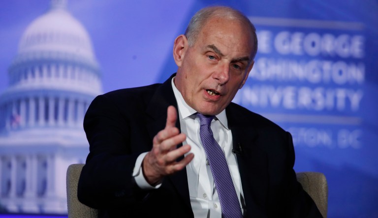 Department of Homeland Security Secretary John Kelly participates in a moderated discussion with Director of the Center for Cyber and Homeland Security Frank Cilluffo at George Washington University in Washington, Tuesday, April 18, 2017. 