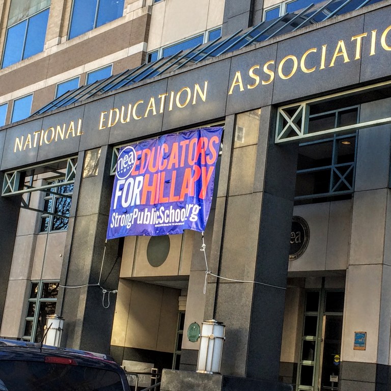 NEA headquarters in Washington shows support for Hillary Clinton. Examiner Photo