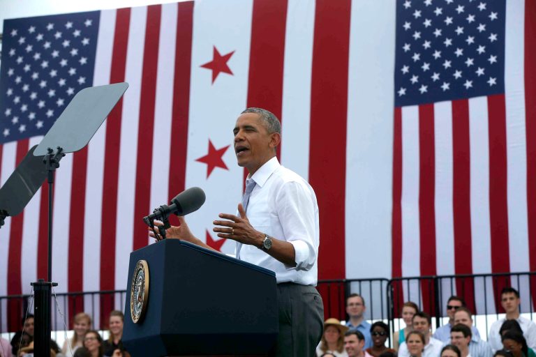 President Obama speaks about transportation and the economy, Tuesday, July 1, 2014, at the Georgetown Waterfront Park in Washington. (AP Photo/Charles Dharapak)