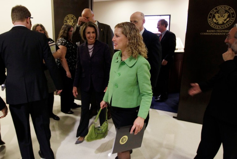 Pelosi declined to answer questions about whether the DNC chair might be on the way out. (AP Photo/Charles Dharapak)
