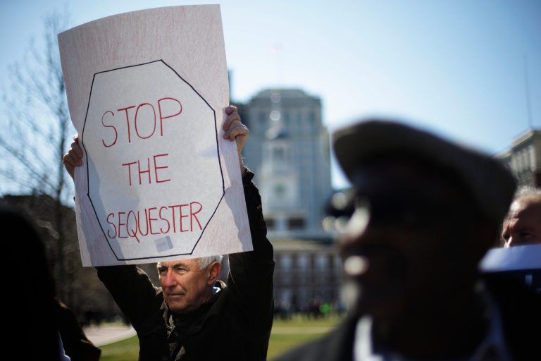 Sequestration has caused furloughs for almost 800,000 civilian employees at the Defense Department, but âfunding for the Pentagonâs environmental initiatives is largely shieldedâ from the spending cuts. (AP/Matt Rourke)