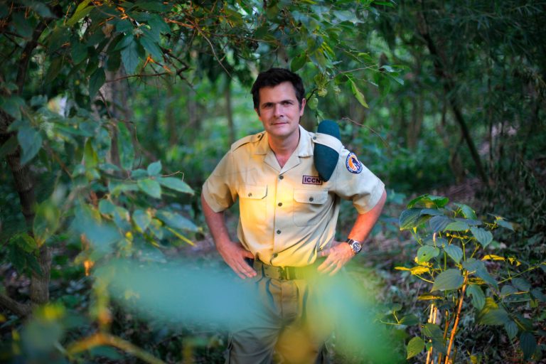 FILE- In this file photo taken on Wednesday, Aug. 11,  2012,  Emmanuel de Merode, Virunga National Park director and chief warden, poses at the park headquarters in Rumangabo, some 60 kms (40 miles) north of Goma, eastern Congo. Park officials say the Belgian director of Africa's oldest national park, a reserve in conflict-ridden eastern Congo, has been shot and seriously wounded. Three gunmen ambushed de Merode on Tuesday, April 15 according spokeswoman Joanna Natasegara. A statement on the park's website said he was traveling between Goma, a main city in the east near Rwanda's border, and Rumangabo at the time Natasegara said Wednesday. (AP Photo/Jerome Delay,File)