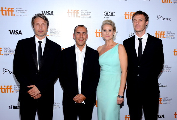 TORONTO, ON - SEPTEMBER 12:  (L-R) Actor Mads Mikkelsen, director Nikolaj Arcel, actress Trine Dyrholm and writer Rasmus Heisterberg attend 