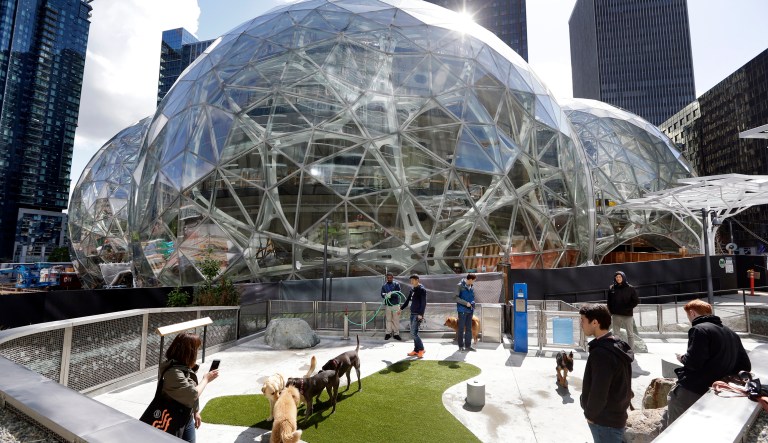 Amazon employees tend to their dogs in a canine play area adjacent to where construction continues on three large, glass-covered domes as part of an expansion of the Amazon.com campus, Thursday, April 27, 2017, in downtown Seattle. (AP Photo/Elaine Thompson)