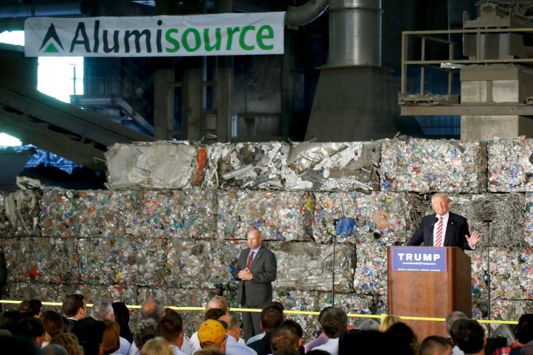 Republican presidential candidate Donald Trump speaks during a campaign stop on June 28 at Alumisource, a metals recycling facility in Monessen, Pa. (AP Photo/Keith Srakocic)