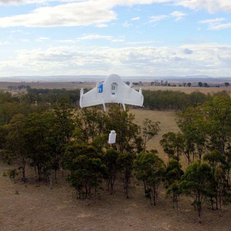This undated image provided by Google shows a Project Wing drone vehicle during delivery. Google's secretive research laboratory is trying to build a fleet of drones designed to bypass earthbound traffic so packages can be delivered to people more quickly. The ambitious program announced Thursday, Aug. 28, 2014, escalates Google's technological arms race with rival Amazon.com Inc., which also is experimenting with self-flying vehicles to carry merchandise bought by customers of its online store. (AP Photo/Google)