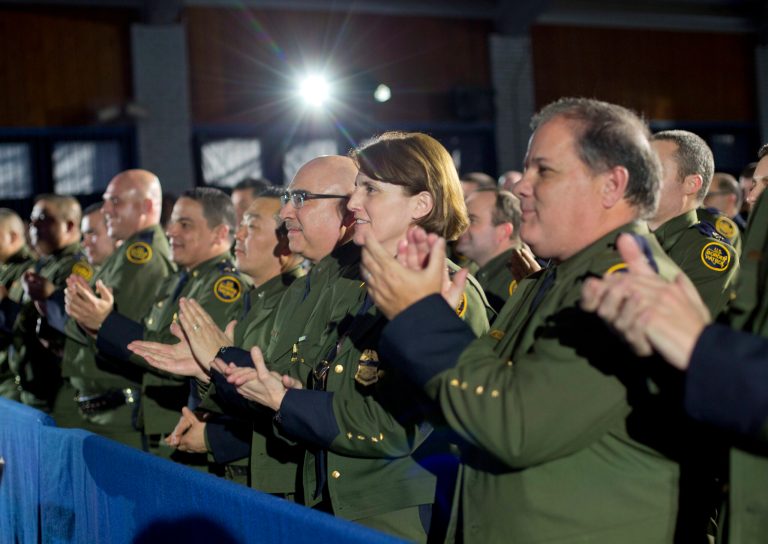 US Border Patrol Officers applaud as President Donald Trump is introduced before speaking at the Homeland Security Department in Washington, Wednesday, Jan. 25, 2017. (AP Photo/Pablo Martinez Monsivais)