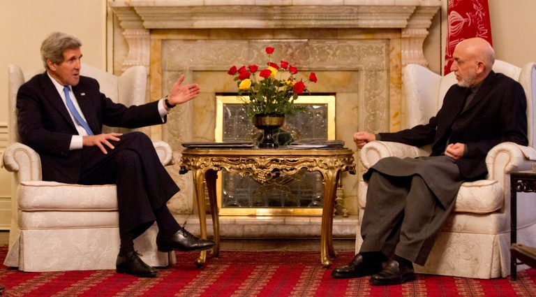 Secretary of State John Kerry meets with Afghan President Hamid Karzai at the Presidential Palace in Kabul, Monday, March 25, 2013. Kerry embarked on talks Monday with Karzai amid concerns Karzai may be jeopardizing progress in the war against extremism with his anti-American rhetoric. The session came shortly after the U.S. military ceded control of its last detention facility in Afghanistan, ending a longstanding irritant in relations. (AP Photo/Jason Reed, Pool)