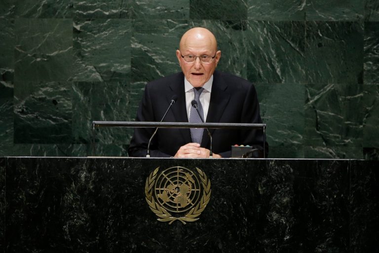 Lebanese Prime Minister Tammam Salam addresses the 69th session of the United Nations General Assembly at U.N. headquarters on Friday, Sept. 26, 2014, at the United Nations headquarters. (AP Photo/Frank Franklin II)