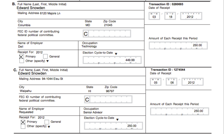FEC records show that Edward Snowden donated to Ron Paul