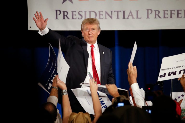 Republican presidential candidate Donald Trump waves to the crowd after speaking at the National Federation of Republican Assemblies on Saturday, Aug. 29, 2015, in Nashville, Tenn. (AP Photo/Mark Humphrey)