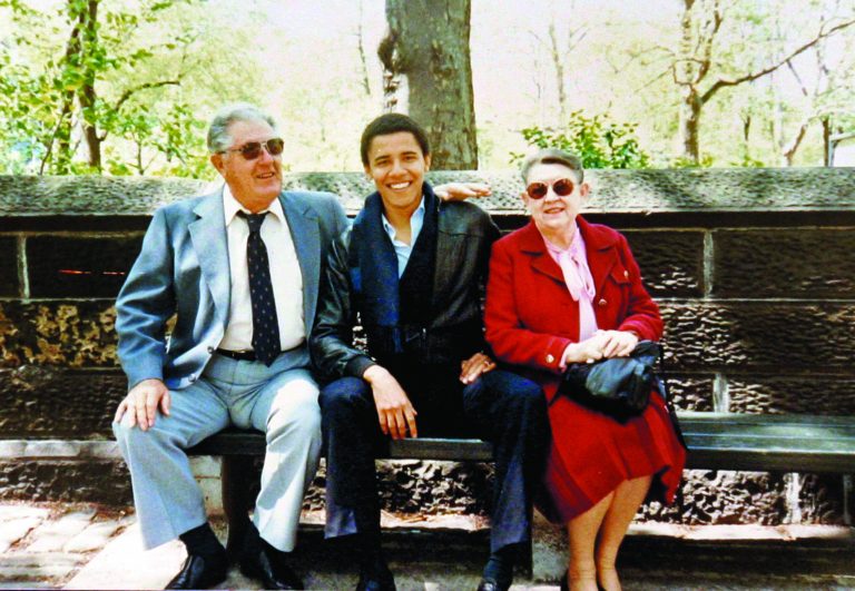 Obama with his grandparents, Stanley and Madelyn Dunham, on a park bench in New York City, when Obama was a student at Columbia University. (Associated Press)