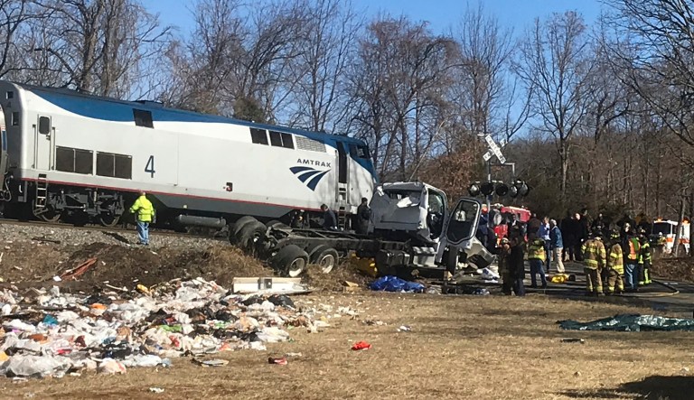 An Amtrak passenger train carrying dozens of GOP lawmakers to a Republican retreat in West Virginia struck a garbage truck south of Charlottesville, Va. No lawmakers were believed injured, but it at least one person in the truck was said to be seriously injured. (Allison Wrabel/ The Daily Progress via AP)