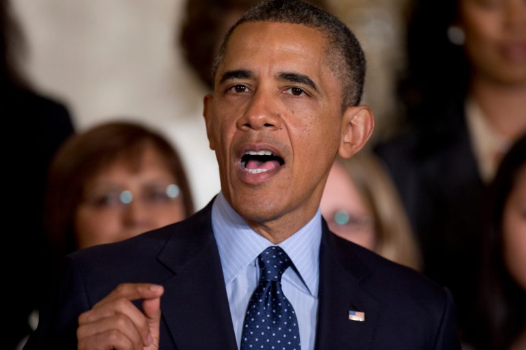 President Barack Obama gestures as he speaks in the East Room of the White House during a ceremony to commemorate the 50th anniversary of the Equal Pay Act. (AP Photo/Carolyn Kaster)