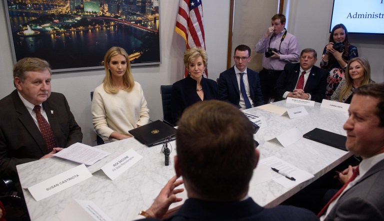 Advisor to the President Ivanka Trump (pictured second to the left) joins with Administrator of the Small Business Administration Linda McMahon (pictured center) as they meet with small business owners in a roundtable discussion on Tuesday at Potomac Mineral Group in Mt. Lebanon, Pa. (Justin Merriman for the Washington Examiner)