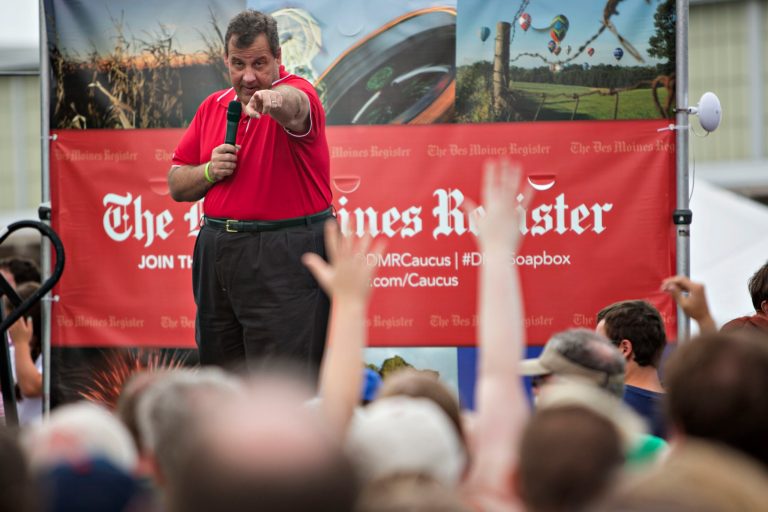 Chris Christie points to an attendee at the Iowa State Fair Soapbox in Des Moines, Iowa, on Saturday, Aug. 22, 2015. (Daniel Acker/Bloomberg)