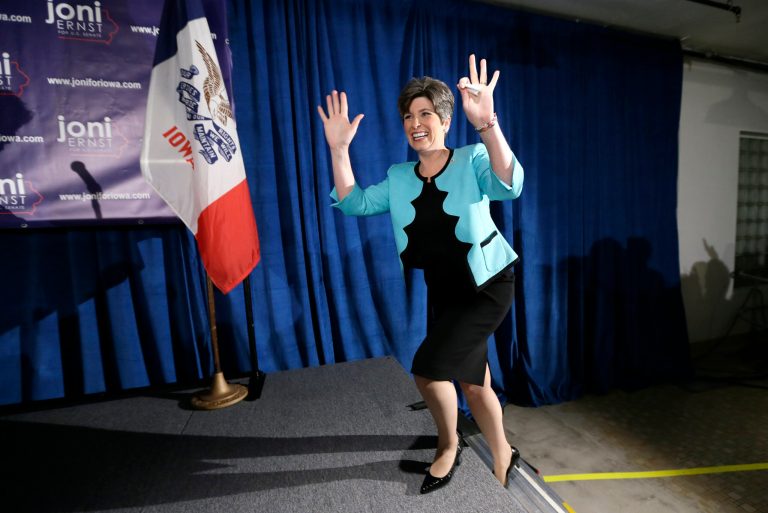 Joni Ernst, who cruised to victory with popular support from both the so-called Republican establishment, including former Massachusetts Gov. Mitt Romney, and Tea Party groups, seems ready to take on Democratic talking points on women's issues. (AP Photo)