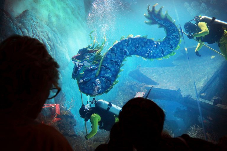 Divers carry a man-made dragon, as part of Chinese New Year dragon blessings to wish all their guests boundless energy in the Year of the Horse, Thursday, Jan. 30, 2014 at the South East Asia Aquarium at Resorts World Sentosa in Singapore. Local Chinese will celebrate the new year in the Chinese lunar calendar, which begins on Jan. 31. (AP Photo/Wong Maye-E)