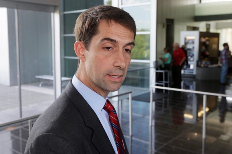 Republican candidate for U.S. Senate U.S. Rep. Tom Cotton, R-Ark., is interviewed after participating in an energy discussion at the Clinton Presidential library in Little Rock, Ark., Thursday, Sept. 25, 2014. (AP Photo/Danny Johnston)