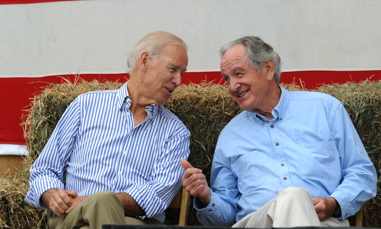 Vice President JoeÂ Biden and then-Iowa Sen. Tom Harkin share a laugh at the 36th Annual Harkin Steak Fry on September 15, 2013, in Indianola, Iowa.Â (Photo by Steve Pope/Getty Images)