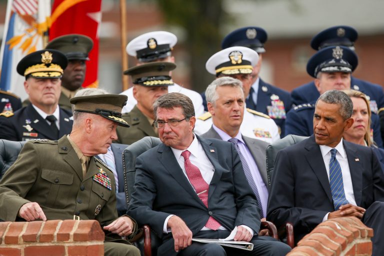 The Senate Armed Services Committee has summoned Defense Secretary Ash Carter, middle, and Marine Gen. Joseph Dunford, chairman of the Joint Chiefs of Staff, left, to appear Tuesday to discuss the president's Middle EastÂ strategy.Â  (AP Photo/Andrew Harnik)